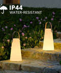 Two Pack Rechargeable Outdoor Lanterns With IP44 Waterproof Cordless Portable Hanging And Table Lamps on garden steps