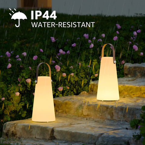 Two Pack Rechargeable Outdoor Lanterns With IP44 Waterproof Cordless Portable Hanging And Table Lamps on garden steps