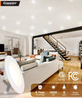 No Sweat 5 And 6 Inch Led Recessed Can Lights Featuring Smooth Adjustable 5Cct Warm Or Cool Tuning And 9 Watt Knockout Retrofit Downlights For Quick Ceiling Setup In Damp Rooms With High Output 6 Pack installed in modern living room with bright illumination.