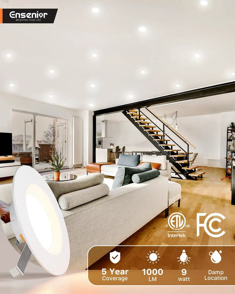 No Sweat 5 And 6 Inch Led Recessed Can Lights Featuring Smooth Adjustable 5Cct Warm Or Cool Tuning And 9 Watt Knockout Retrofit Downlights For Quick Ceiling Setup In Damp Rooms With High Output 6 Pack installed in modern living room with bright illumination.
