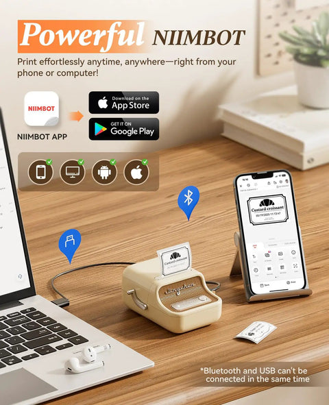 Smooth Sailing With This Sleek Portable Bluetooth Thermal Label Printer Sporting Inkless Tech And No Sweat Setup For Home Office Business Shipping Storage Includes Wireless App Auto Detect Sensor And Long Battery Plus 50X30Mm Labels showing use with smartphone and laptop.