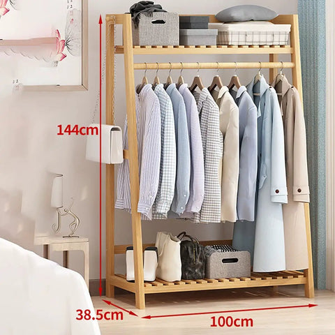 Workhorse Heavy Duty Clothes Rack With Double Shelf Built Tough Hanging Organizer For Winter Coats And Casual Wear Roomy Wardrobe Stand For Apartment Or Home Office Use, 144cm bamboo rack with hanging shirts.