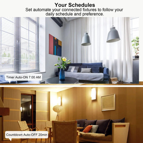 Living room with scheduled lighting using Single Pole Smart Light Switch For Alexa And Google Assistant 2 Gang Pack.