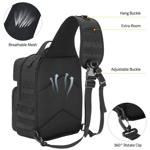 Tactical Sling Bag For Men Detachable Water Bottle Holder MOLLE Backpack with breathable mesh and adjustable strap details