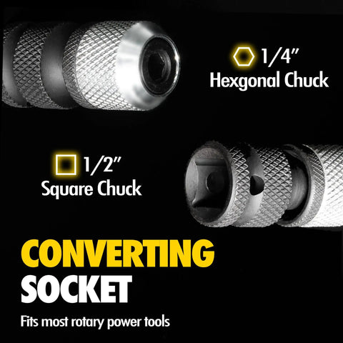 Pro Grade Wheel Hub Resurfacing Kit With Metal Housing And Brake Surface Cleaner, 1/4" hex and 1/2" square chuck details.