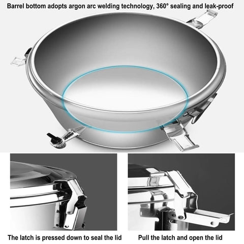 Drop Dead Solid 100 Liter Stainless Steel Storage Bin With No Sweat Airtight Lid, showing leak-proof sealing and latch mechanism.
