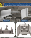 Stainless Steel Wall Mount Splash Guard For Commercial Restaurant Hand Sink And Compartment Prep Sink ETL Certified 26W By 12H Durable Heavy Duty Shield Protection, pictured with deck and wall mount sinks in commercial kitchen setting.
