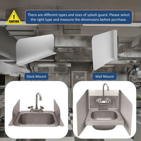 Stainless Steel Wall Mount Splash Guard For Commercial Restaurant Hand Sink And Compartment Prep Sink ETL Certified 26W By 12H Durable Heavy Duty Shield Protection, pictured with deck and wall mount sinks in commercial kitchen setting.
