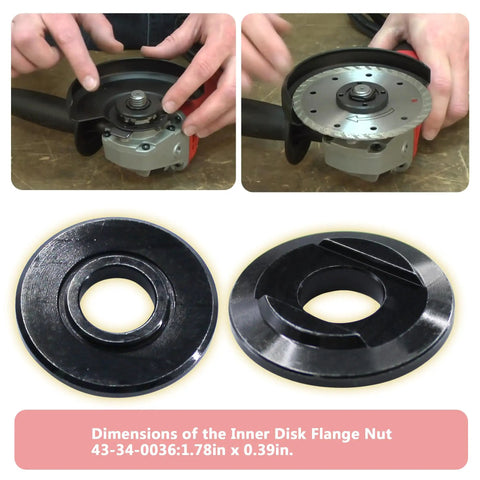 Premium Replacement Inner Disk Flange For Angle Grinders Solid Steel Backing Plate shows installation on tool and flange dimensions.