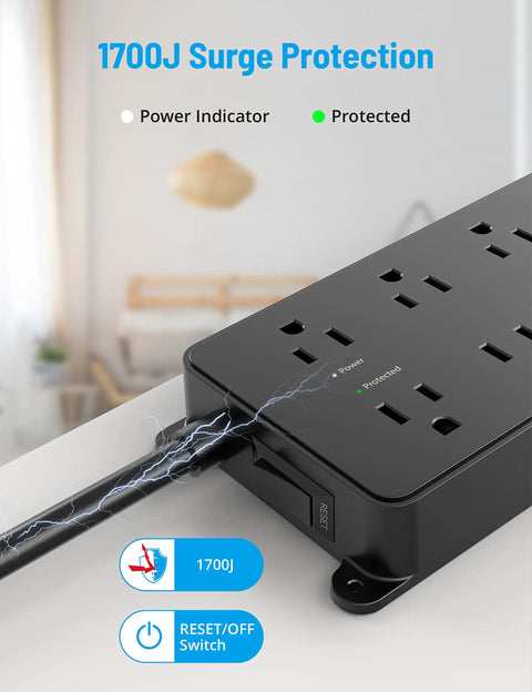 Close-up of 2 Prong To 3 Prong Power Strip With 7 Widely Spaced Outlets And 3 USB Ports Including USB C 5 Foot Extension Cord Wall Mountable 1700J Surge Protector For Non Grounded Plugs Black showing surge protection feature