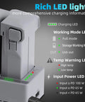 Three Slot Smart Drone Battery Charger Hub showing LED indicators for charging modes and safety features with built-in cooling system.