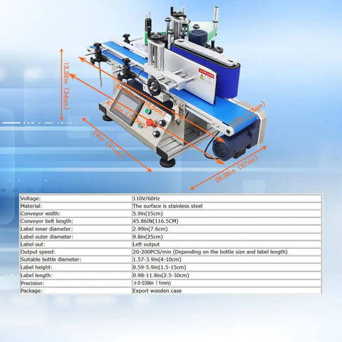 No Sweat Automatic Desktop Labeling Machine For Round Bottles High Speed Conveyor With Smart Touch Screen, showing stainless steel design and specifications.