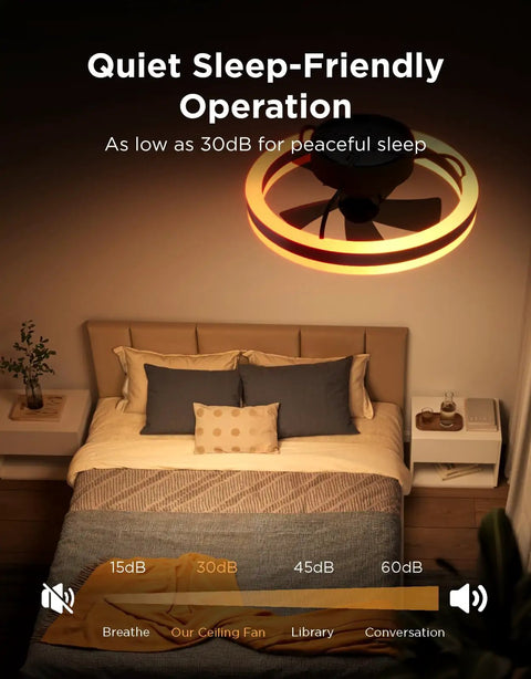 Twenty Inch Flush Mount Ceiling Fan With Killer RGBIC SmartApp LED Lighting And Dual Layer Color Changing Glow featuring quiet operation in a bedroom.