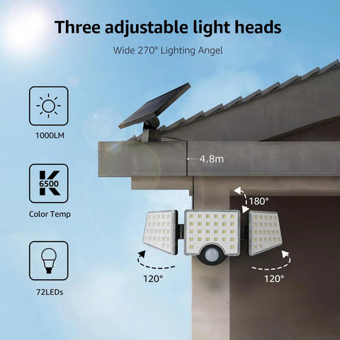 Lit Outdoor Solar Motion Sensor Light with 3 adjustable heads and solar panel mounted on a wall, 270 degree coverage, IP65.