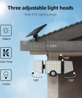 Outdoor Solar Lights With Motion Sensor, 3 adjustable heads, mounted on porch, separate solar panel, 270-degree coverage