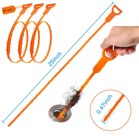 Heavy Duty Toilet Plunger And Brush Set With High Pressure Air Blast Design Plus Three Piece Drain Snake Kit for clogged pipes, showing flexible 25-inch drain snake.