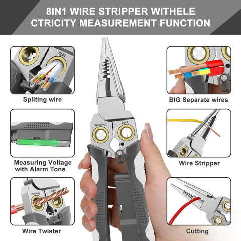 8 In 1 Wire Stripper And Cutter With Voltage Tester and dual alarms; tool shown cutting, stripping, and measuring wires.