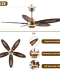 52" Plywood Modern Ceiling Fan with Light and Remote for Living Room Golden showing size, design, and plywood blades.