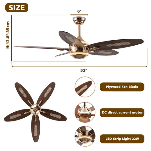 52" Plywood Modern Ceiling Fan with Light and Remote for Living Room Golden showing size, design, and plywood blades.