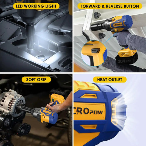 Heavy Duty Cordless Impact Wrench Compatible With Dewalt 20V Max Batteries For Zero Hassle Garage Upgrades And No Strings Attached highlighting LED light, soft grip, and heat outlet.
