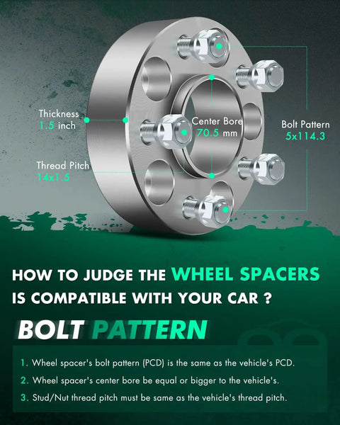 Two Pack 1.5 Inch Wheel Spacers 5x4.5 Bore 70.5mm 14x1.5 Thread Pitch 5 Lug Adapters Fit Ford Mustang 2015 2019 Improve Stance Tire Clearance