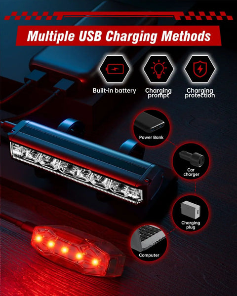 USB Rechargeable Bike Light Set For Front And Rear Use, Aluminum Headlight Taillight With IPX5 Waterproof Build, Six TG3 LEDs Expanding Reach By Fifty Percent, Three Light Modes, Up To Five Hours At Full Brightness, Ideal For Night Mountain Riding
