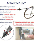 Heavy Duty Manganese Steel Drain Snake With Tough Impact Head And Storage Rack To Knock Out Stubborn Sink Clogs And Keep Your Pipes Flowing Smooth specifications showing shaft and hook details.