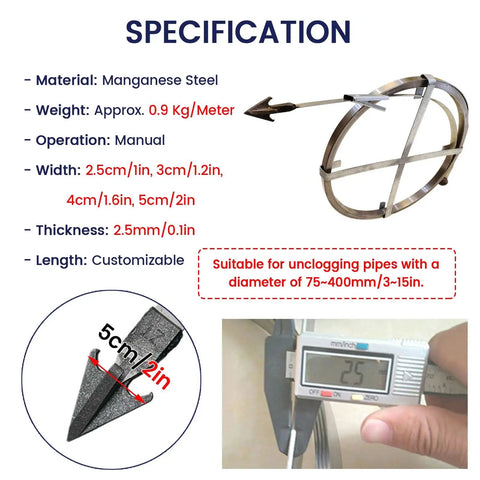 Heavy Duty Manganese Steel Drain Snake With Tough Impact Head And Storage Rack To Knock Out Stubborn Sink Clogs And Keep Your Pipes Flowing Smooth specifications showing shaft and hook details.