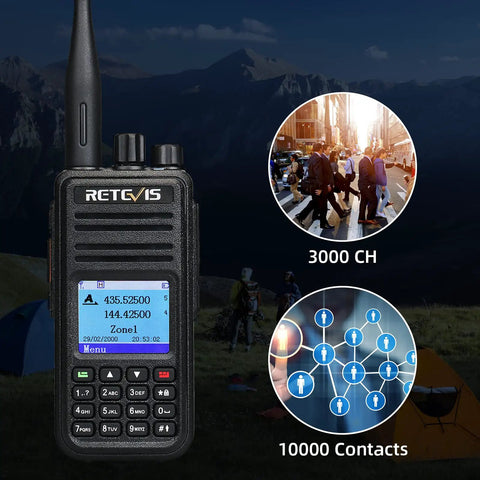 RT3S DMR Radio Dual Band Two Way Ham Radio With Cable OpenGD77 Support, 3000 Channels, display showing frequency and buttons
