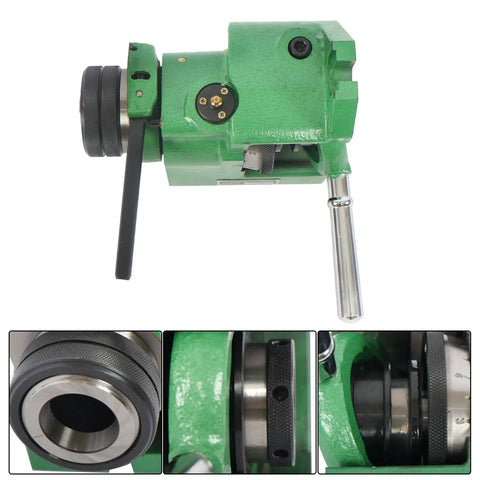 Heavy Duty Horizontal 5C Collet Spinning Indexing Chuck For Milling Setup With Super Kick Ass Rigidity And Spot On Repeatability Every Serious Machinist Needs This Game Changer in green with detailed spindle and lever.