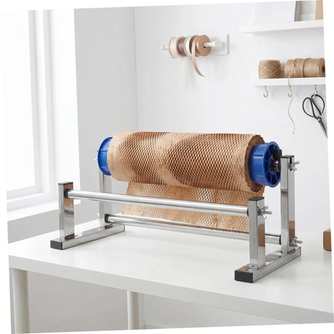 Manual Stretch Film Tool With Cutter And Adjustable Hand Operated Wrap Dispenser Stand For Easy Warehouse Wrapping Of Regular Supplies And Cargo Packaging Film In Lightweight Metal Plastic Construction, blue frame