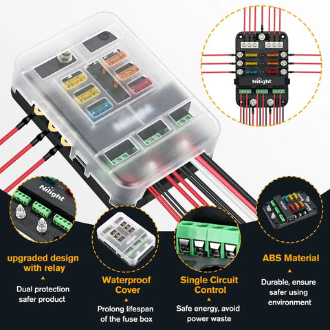 6 Way Fuse Relay Block With Acc Control Negative Bus 12V Blade Holder ATC ATO Box Waterproof Cover Panel For Automotive Cars Motorcycles RVs Vans Heavy Duty Electrical Distribution For All Rigs And Off Road Setups with cover