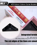 Rock Solid 4 Pack Corner Brace Brackets For Wood And Metal, Built Like A Tank 66mm Triangle Shelf Support, black corner bracket close-up.