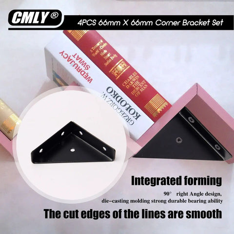 Rock Solid 4 Pack Corner Brace Brackets For Wood And Metal, Built Like A Tank 66mm Triangle Shelf Support, black corner bracket close-up.
