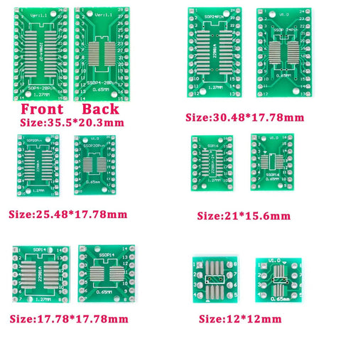 90 Piece SMD To DIP Adapter Set Double Sided PCB Converter Board For IC Chips with various sizes and layouts displayed