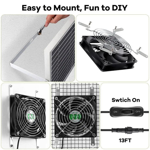 Solar Powered Dual 5 Inch Fans Vent Kit For Shed Chicken Coop And Greenhouse Outdoor Ventilation With 13 Ft On Off Cable IPX7 Waterproof Exhaust And Intake Mounting Kit And Installation Kits