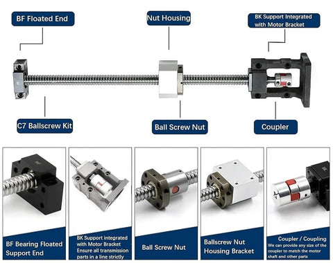 Precision 20Mm Cnc Ballscrew Kit Sfu2010 With Anti Backlash Nut And Bkbf15 Bearing Blocks For Nema34 Motor Including Coupler Housing For Custom Build Projects, BF support and nut housing