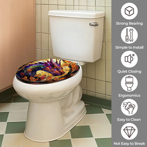 Round Resin Toilet Seat for Bathroom with colorful dragon design installed on a toilet in a modern bathroom setting.
