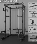 Heavy Duty Power Rack And Cable System For Home Gym Workout Gear Built Damn Tough with pulley and attachments showing weight capacity.