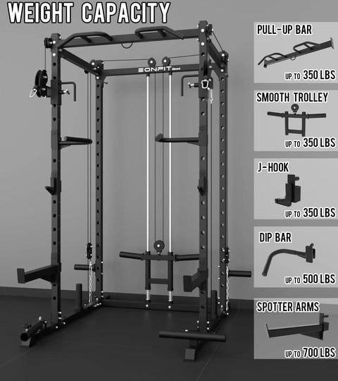Heavy Duty Power Rack And Cable System For Home Gym Workout Gear Built Damn Tough with pulley and attachments showing weight capacity.