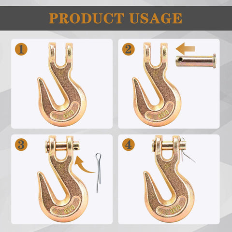 Four-step assembly of Three Eighths Inch Heavy Duty Chain Hook 6600 Lbs G70 Clevis Grab Hook with yellow chromate finish
