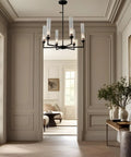 Interior view with 6 Light Modern Farmhouse Chandelier Pendant Lighting With Clear Glass Shades In Industrial Black Finish