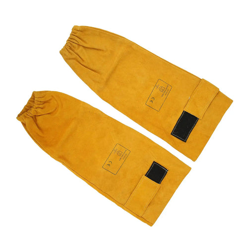 Tough As Nails Heavy Duty Cowhide Welding Sleeves Pair Flame Retardant Heat Shield Arm Guards For Welder Sparks And Weekend Garage Jobs Golden Yellow Leather Armor with secure buckles.