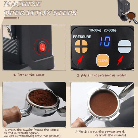 Killer Automatic 58Mm Coffee Tamper For Espresso Beans With Hella Precise Pressure Settings and Fast Auto Lock Design For Smooth Home Barista Shots Without Any Fuss Black, showing operation steps with buttons and pressure setting display.