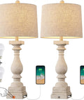 27 Inch Farmhouse Black Table Lamp Set Of Two With USB A And USB C Ports For Bedroom And Living Room, beige shades, USB charging