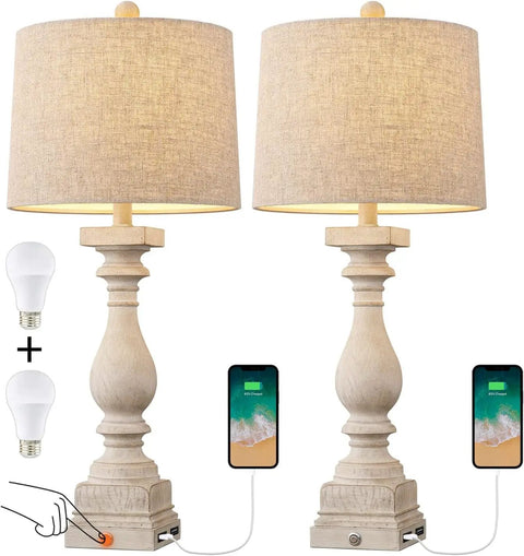 27 Inch Farmhouse Black Table Lamp Set Of Two With USB A And USB C Ports For Bedroom And Living Room, beige shades, USB charging