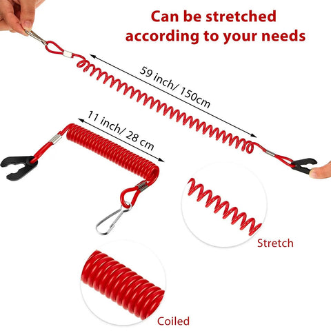 4 Pack Universal Boat Kill Switch Lanyards Durable With Stop Switch Keys Emergency Engine Cord Tether, red coiled view.