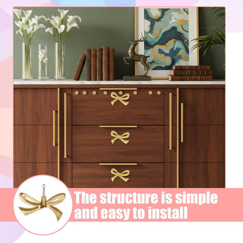 Six Pcs Gold Bow Knobs Set With Screws, Vintage Brass Drawer Handles For Cabinets And Dressers, Cupboards, Antique Gold Finish, Elegant Hardware For Kitchen, Bedroom, Or Bathroom Decor shown installed on wooden dresser
