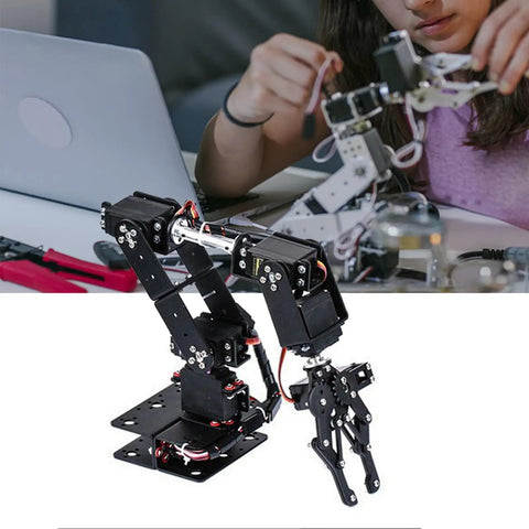 Build Your Own 6 Degree Freedom Mechanical Robot Arm Kit With Servo Motors Claw Gripper, shown in use by a student on desk.