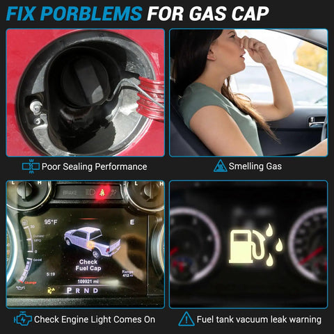 Image showing issues resolved by Gas Cap Replacement For Dodge Challenger 2011 2019 Fuel Tank Cap 52030389AA 52030389AB 68139752AA.